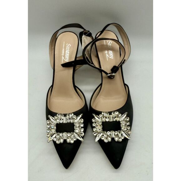 Women's Size 7.5 Black Pointed Toe Rhinestone Slingback Heals Adjustable Strap - Picture 2 of 10